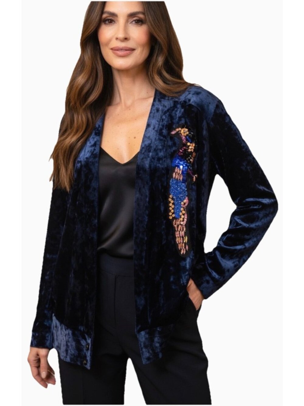 New ZARA Blue Crashed Velvet Sequin Bird Parrot Wrap Top Blouse